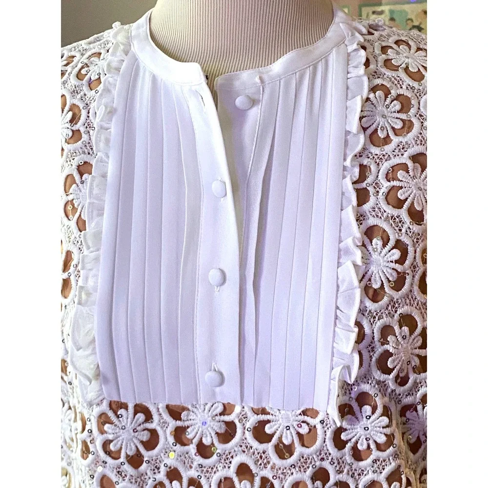 NWT MICHAEL KORS white Floral Lace Sequin Tuxedo Bib Midi Dress Short Sleeve L‎